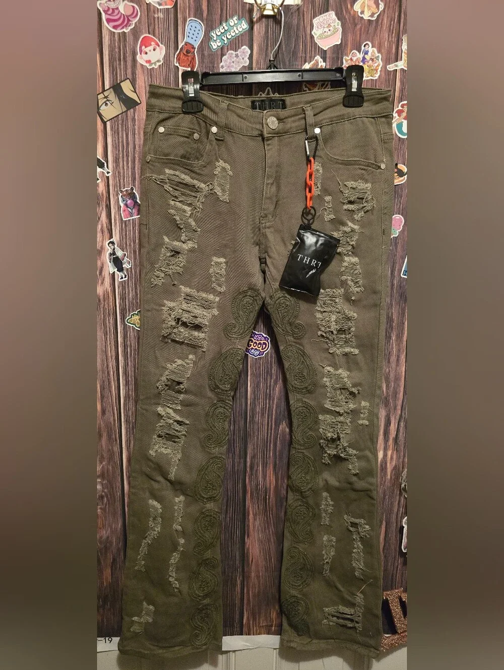 Thrt Denim Mens Olive Distressed Embroidered Jeans